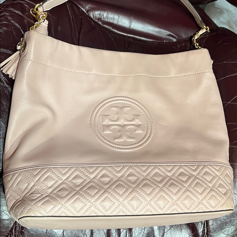 Tory Burch Blush Pink Leather Shoulder Hobo with Quilted Base